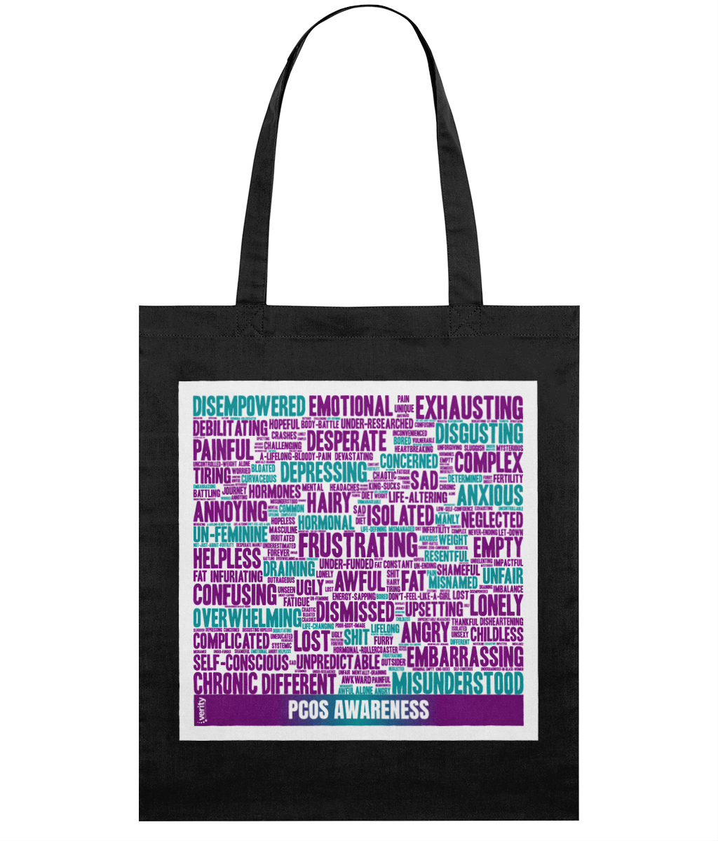 PCOS word cloud black tote bag (100% organic cotton)