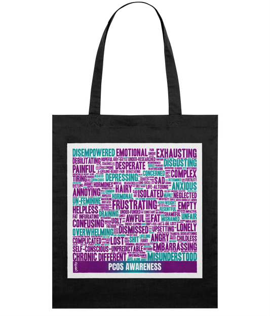 PCOS word cloud black tote bag (100% organic cotton)