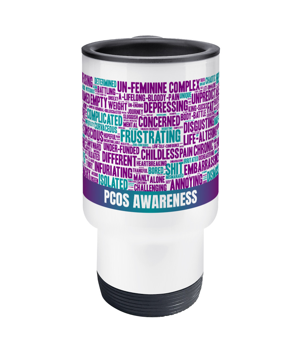 PCOS wordcloud stainless steel travel mug (14oz)