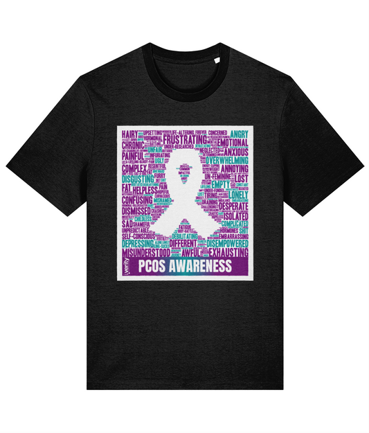 PCOS wordcloud ribbon tshirt in black